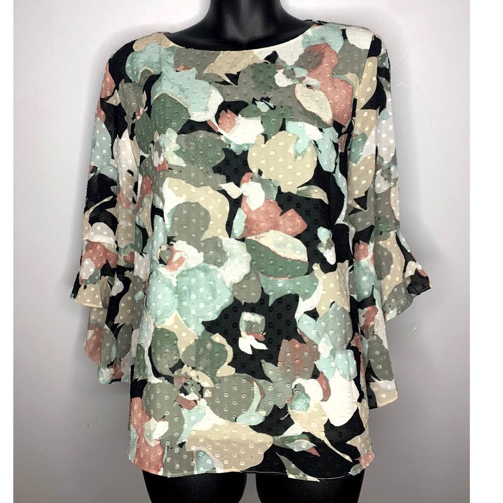 Kasper Blouse 3/4 Bell Sleeve Printed Clip Dot Blouse Nordstrom Women's M/L